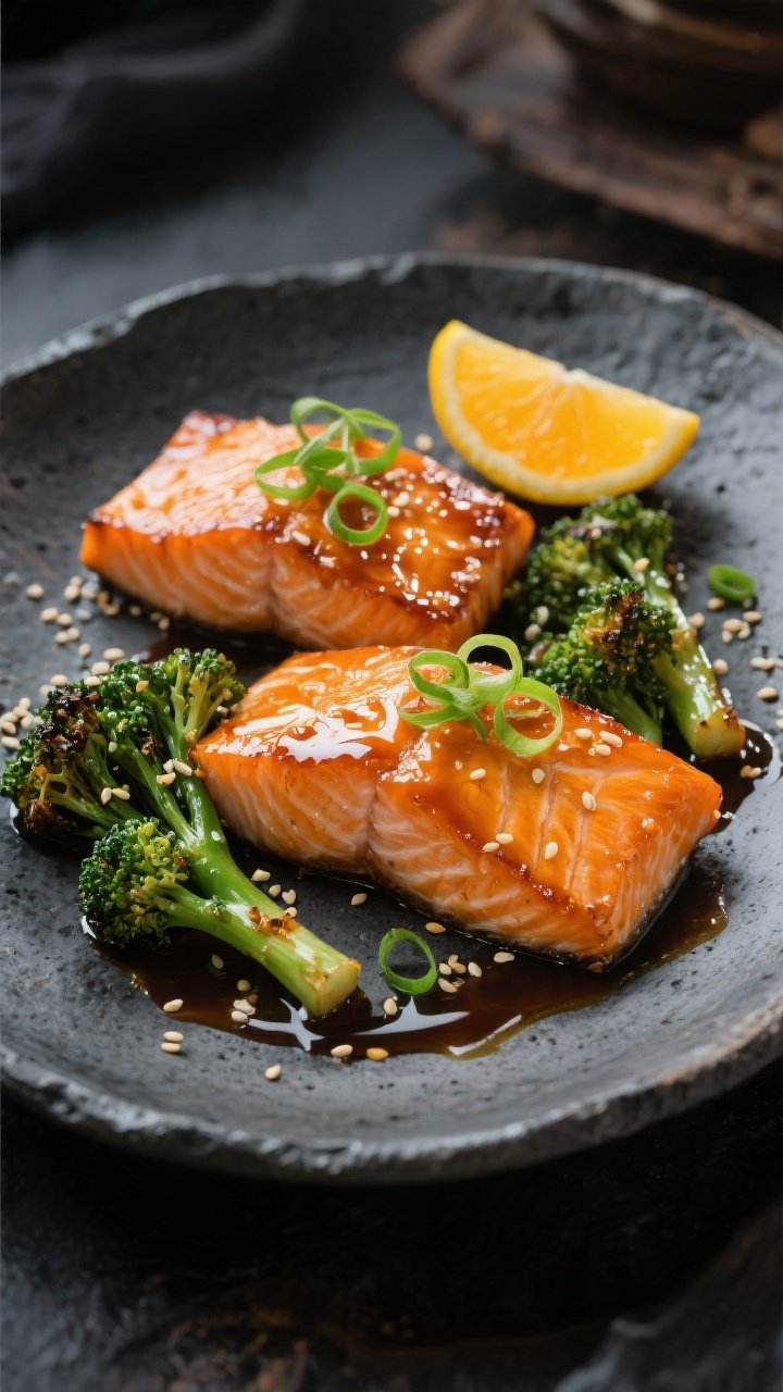 Final dish presentation: Restaurant-quality plating of two glossy, orange-lacquered salmon fillets o