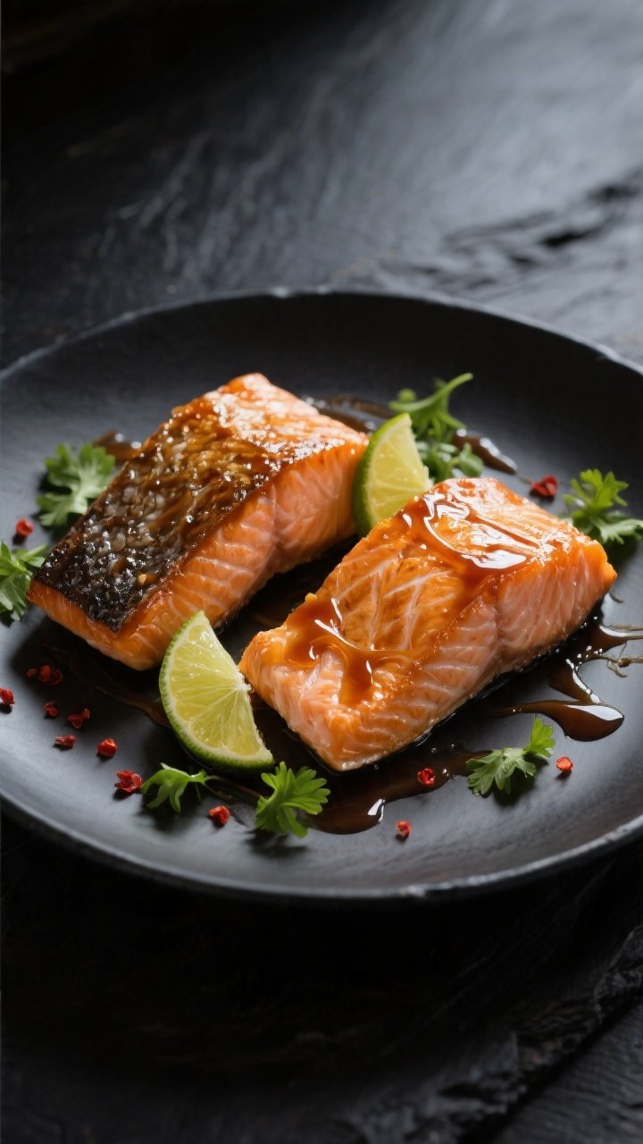 Final dish restaurant presentation: Beautifully plated Honey Lime Salmon on a matte dark plate, two 