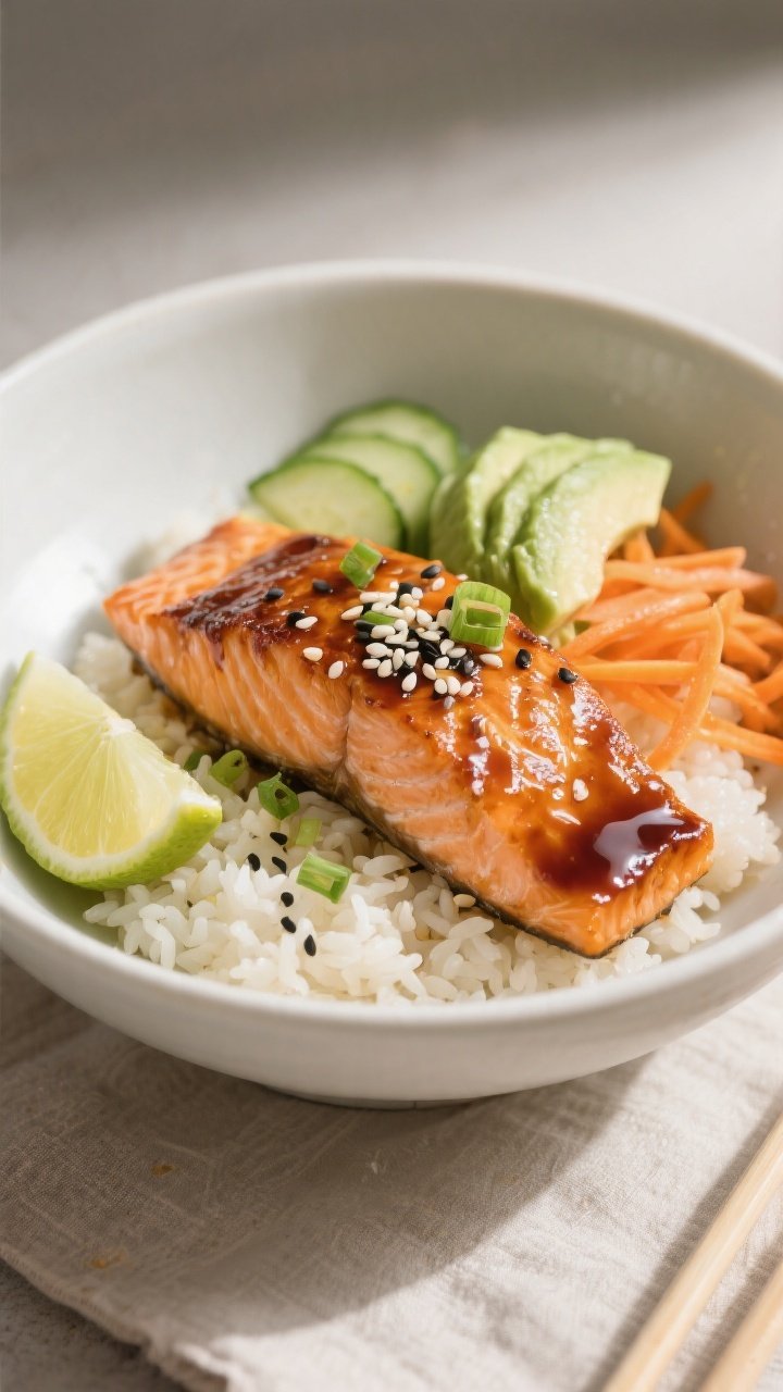 Final plated bowl, hero shot: Beautifully plated Teriyaki Salmon Bowl in a wide, matte-white bowl—