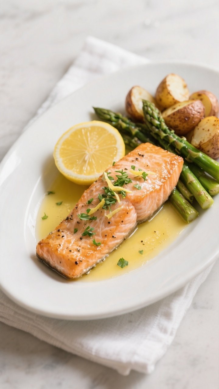 Final plated dish: Garlic butter lemon pepper salmon fillet, tender and flaky at 125–130°F donene