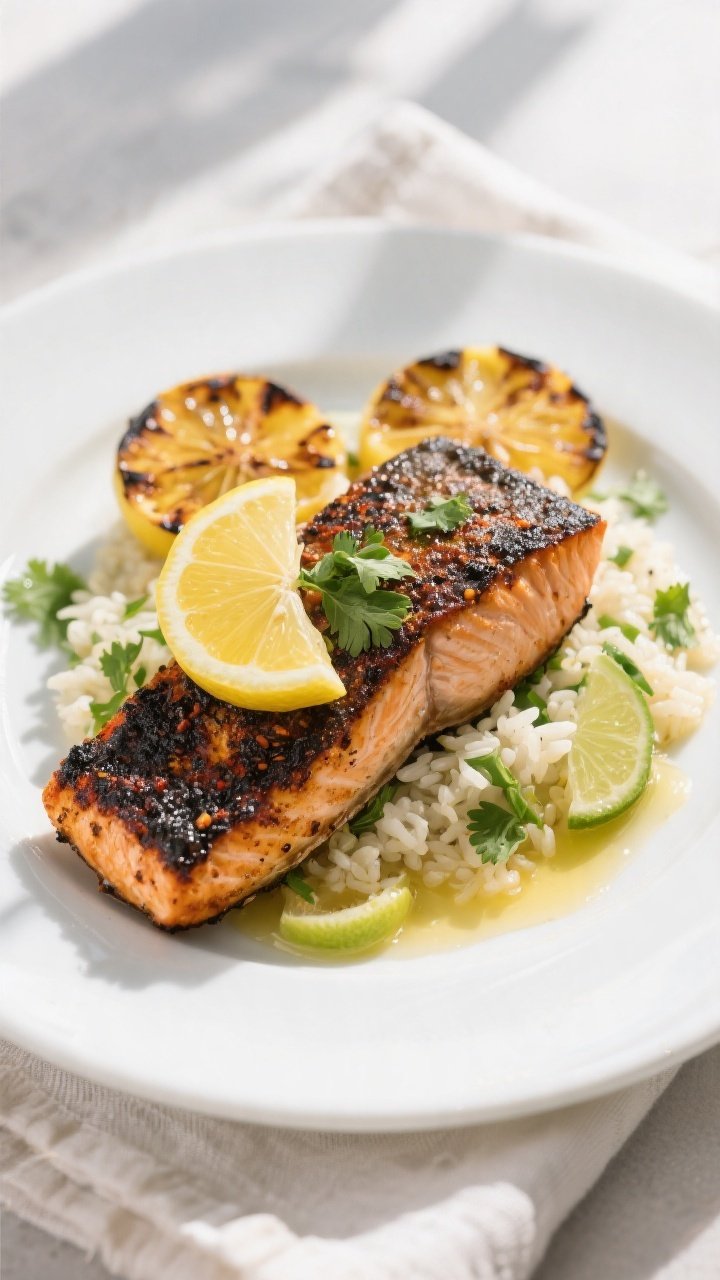 Final plated dish: Restaurant-quality presentation of Cajun blackened salmon with a deeply charred c