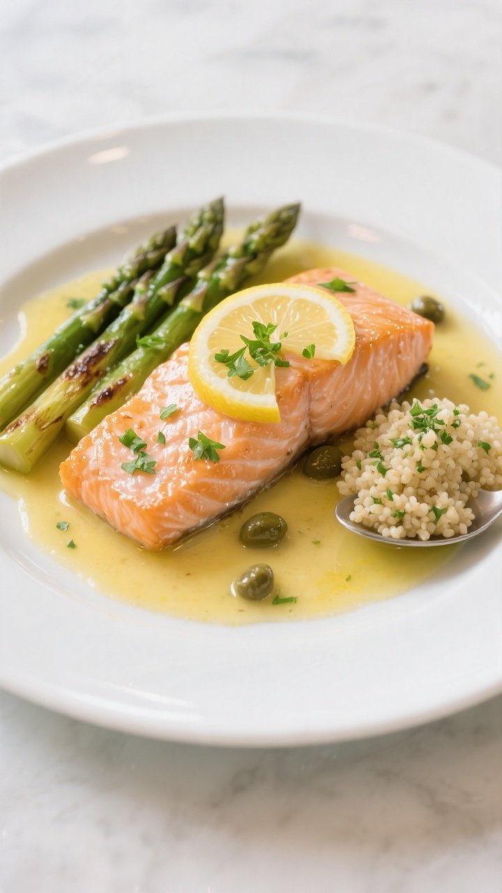 Final plated dish: Restaurant-quality presentation of lemon butter salmon on a white rimmed plate, f