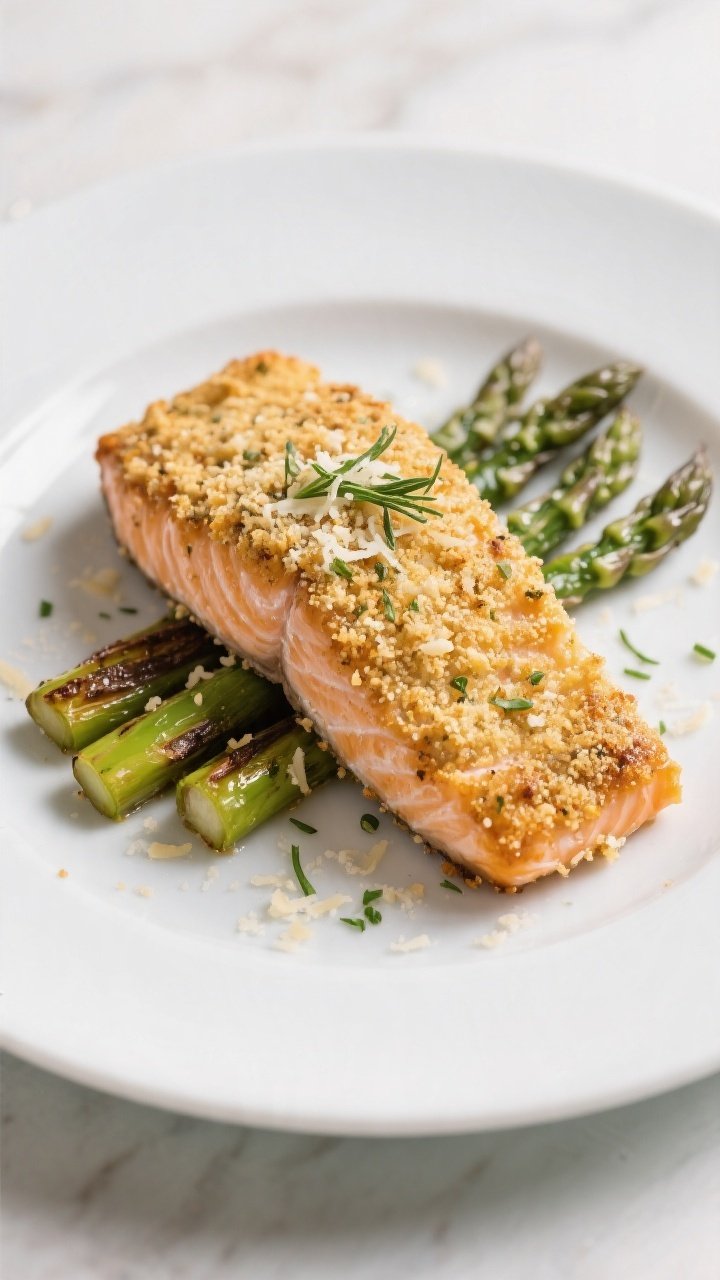 Final plated dish: Restaurant-quality presentation of Garlic Parmesan Crusted Salmon on a matte whit