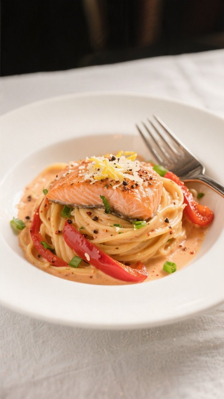 Final plated dish, restaurant-style: Creamy Cajun salmon pasta twirled into a high nest on a wide wh