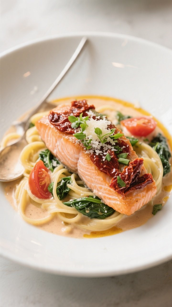 Final plated dish, restaurant-style presentation: Beautifully plated creamy sun-dried tomato salmon 