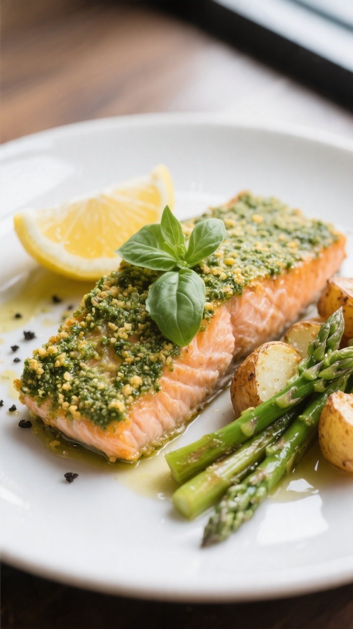 Final plated hero shot: Pesto crusted salmon with a crisp, golden-speckled crumb and vibrant green p