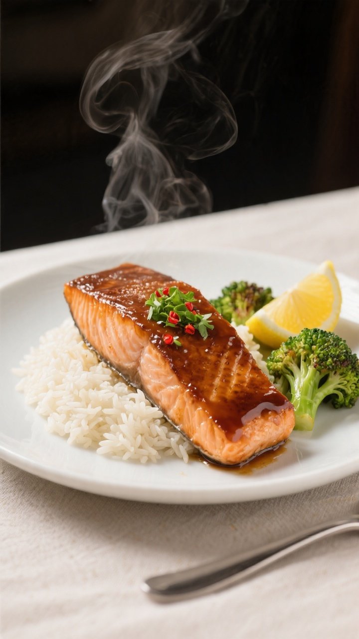Final plated restaurant-quality presentation: a single brown sugar glazed salmon fillet over fluffy 