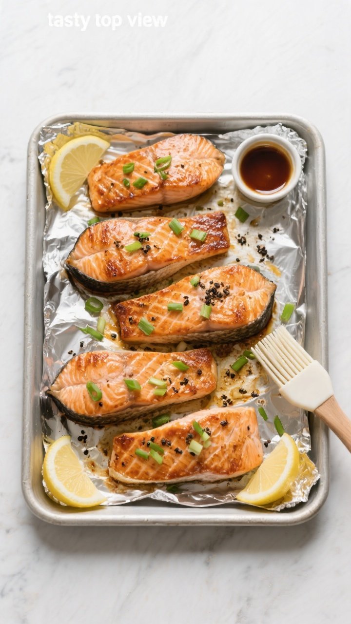 Overhead “tasty top view” of four salmon fillets roasted on a foil-lined sheet pan at 425°F, sk