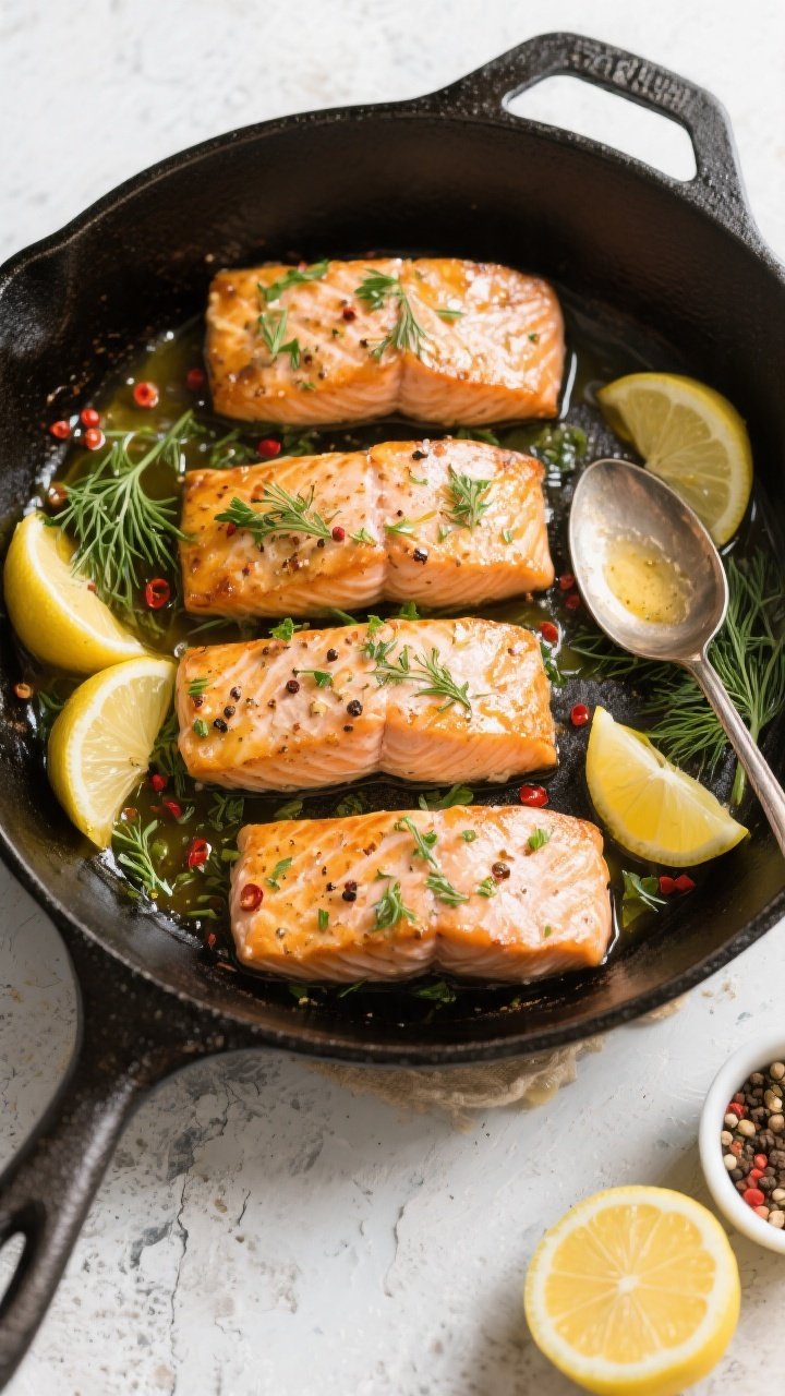 Overhead tasty top view: One-pan presentation straight from the oven—four salmon fillets nestled i