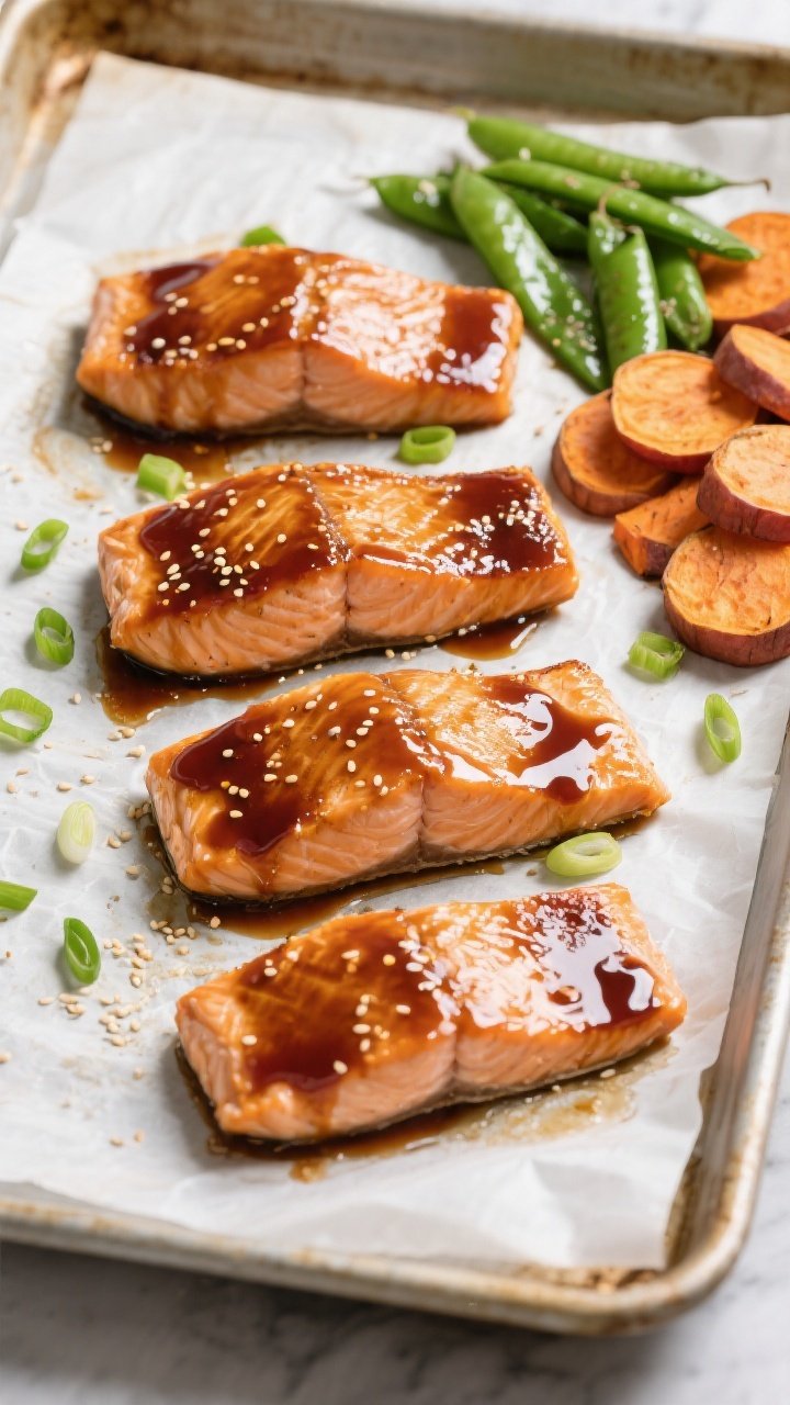 Overhead tasty top view: Sheet-pan baked maple glazed salmon, four fillets arranged skin-side down o