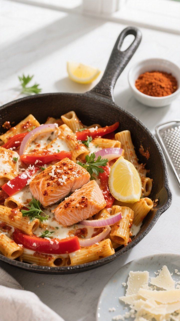 Overhead “tasty top view”: Top-down shot of Spicy Cajun Salmon Pasta in a shallow skillet, sauce