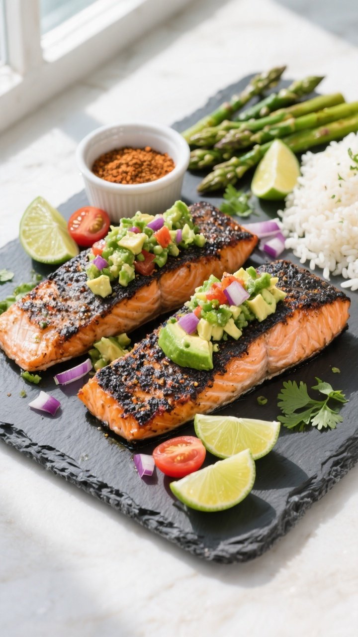 Overhead tasty top view: Two blackened salmon fillets arranged on a slate platter, topped and surrou
