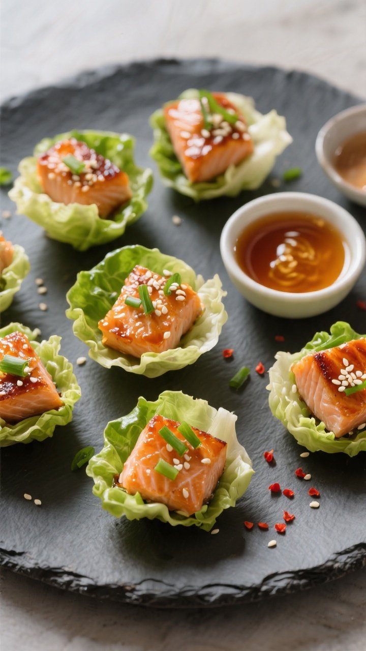 Overhead top-down shot: salmon bites tucked into butter lettuce cups arranged on a matte slate platt