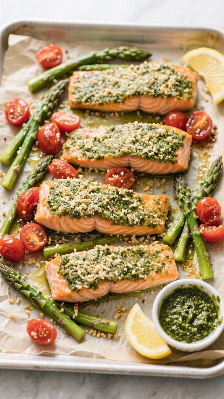 Tasty overhead sheet pan dinner: of a just-baked sheet pan featuring four pesto-crusted salmon fille