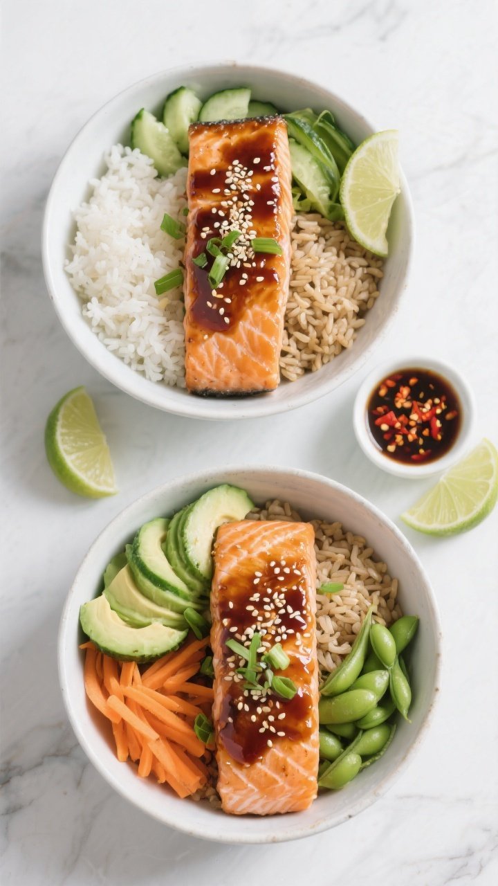 Tasty top view, build-your-bowl variety: Overhead shot of two Teriyaki Salmon Bowls side-by-side sho