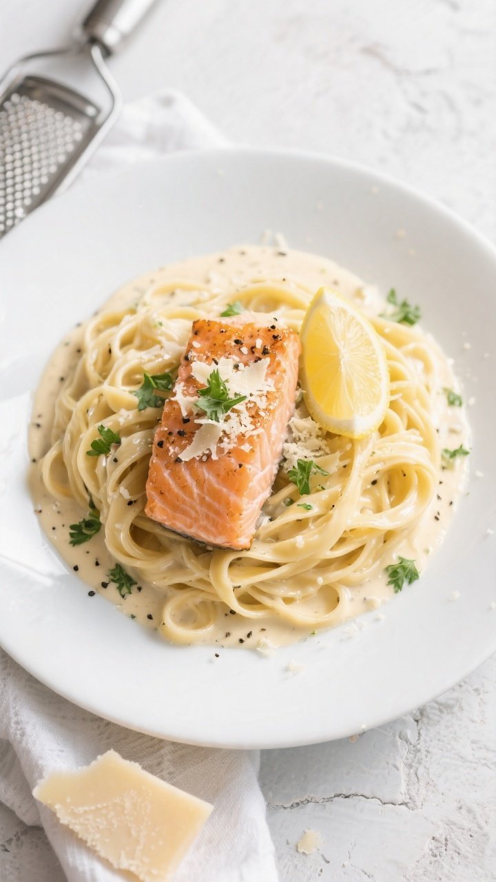 Tasty top view (final dish): Overhead shot of beautifully plated Salmon Alfredo Pasta—twirled nest