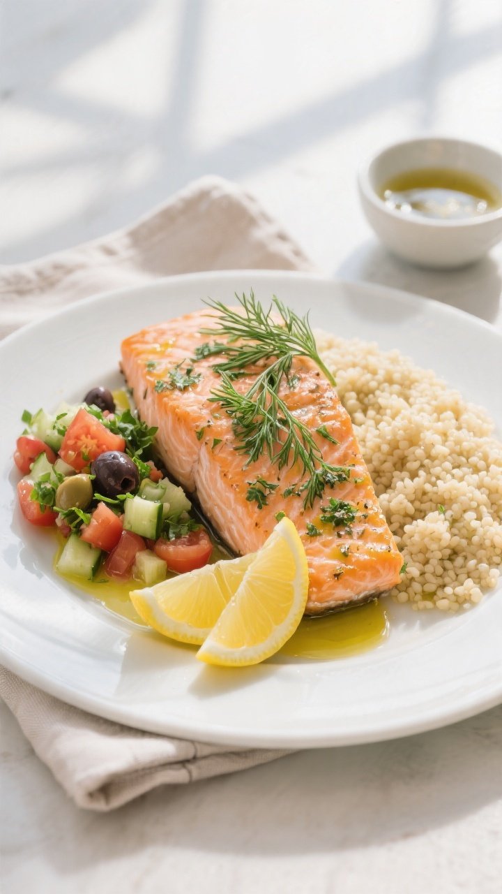 Tasty top view: Final plated Mediterranean Lemon Herb Salmon, overhead shot on a matte white plate w