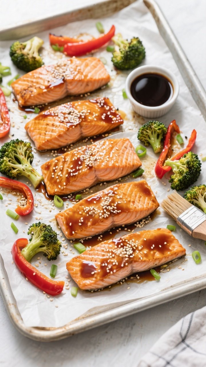 Tasty top view (overhead): Sheet-pan style dinner layout featuring four baked salmon portions skin-s