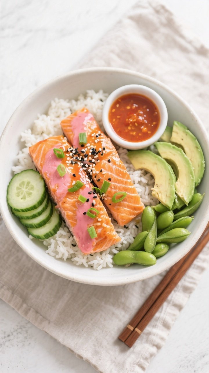 Tasty top view: Overhead shot of a bang bang salmon bowl—two sauced salmon fillets over jasmine ri