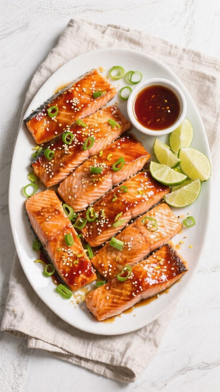 Tasty top view: Overhead shot of a family-style platter with multiple salmon fillets glazed in honey