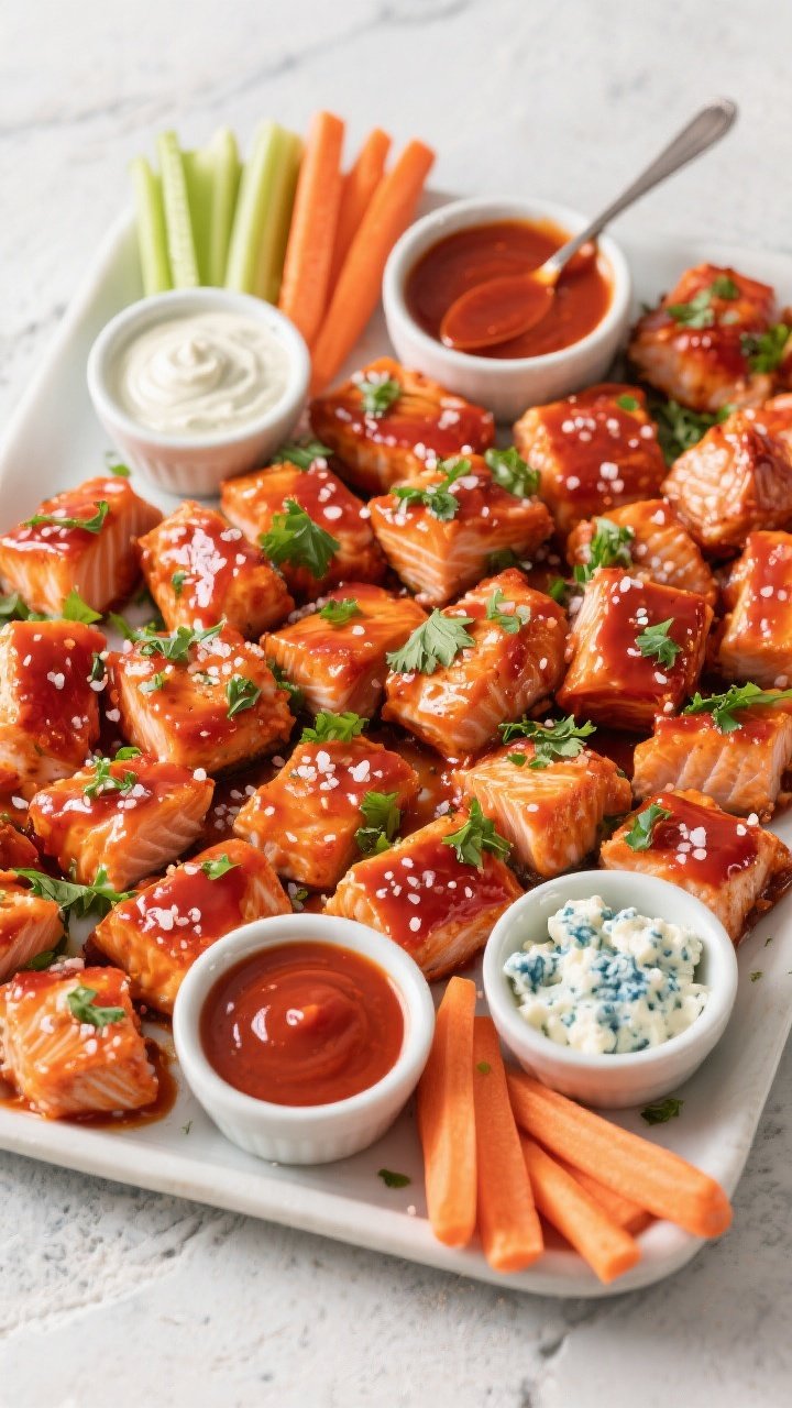 Tasty top view: Overhead shot of a generously filled platter of buffalo salmon bites, evenly coated 