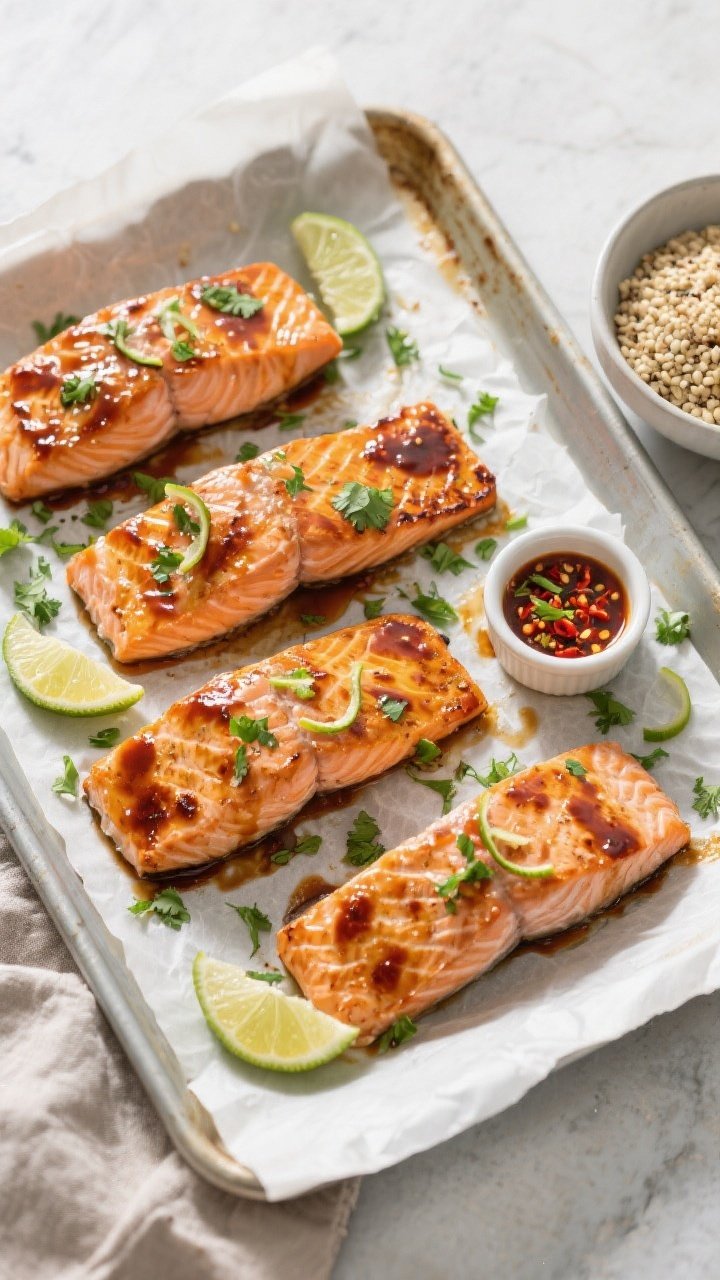 Tasty top view: Overhead shot of a weeknight chili lime salmon spread—four baked fillets arranged