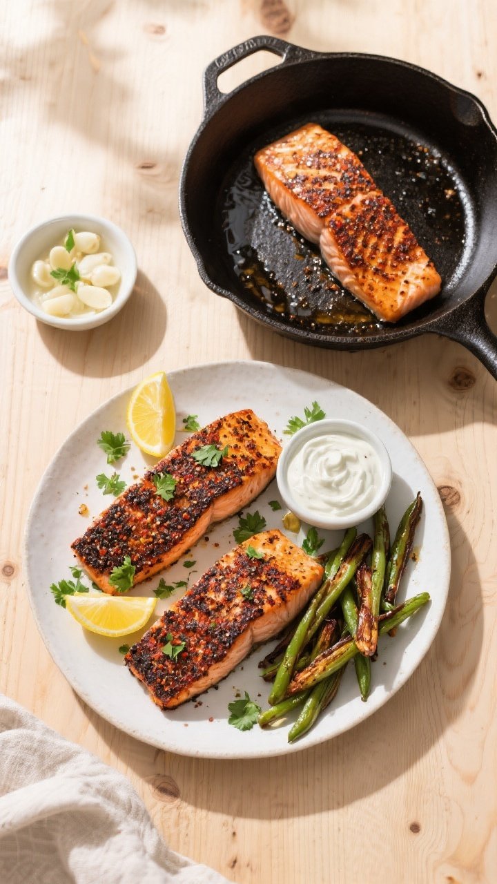Tasty top view: Overhead shot of a weeknight spread featuring two portions of Cajun blackened salmon