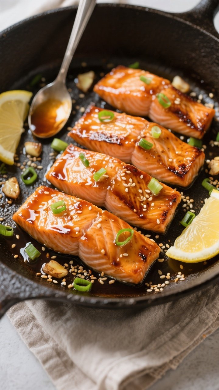 Tasty top view: Overhead shot of four salmon fillets just finished in the pan, coated in a thick, gl