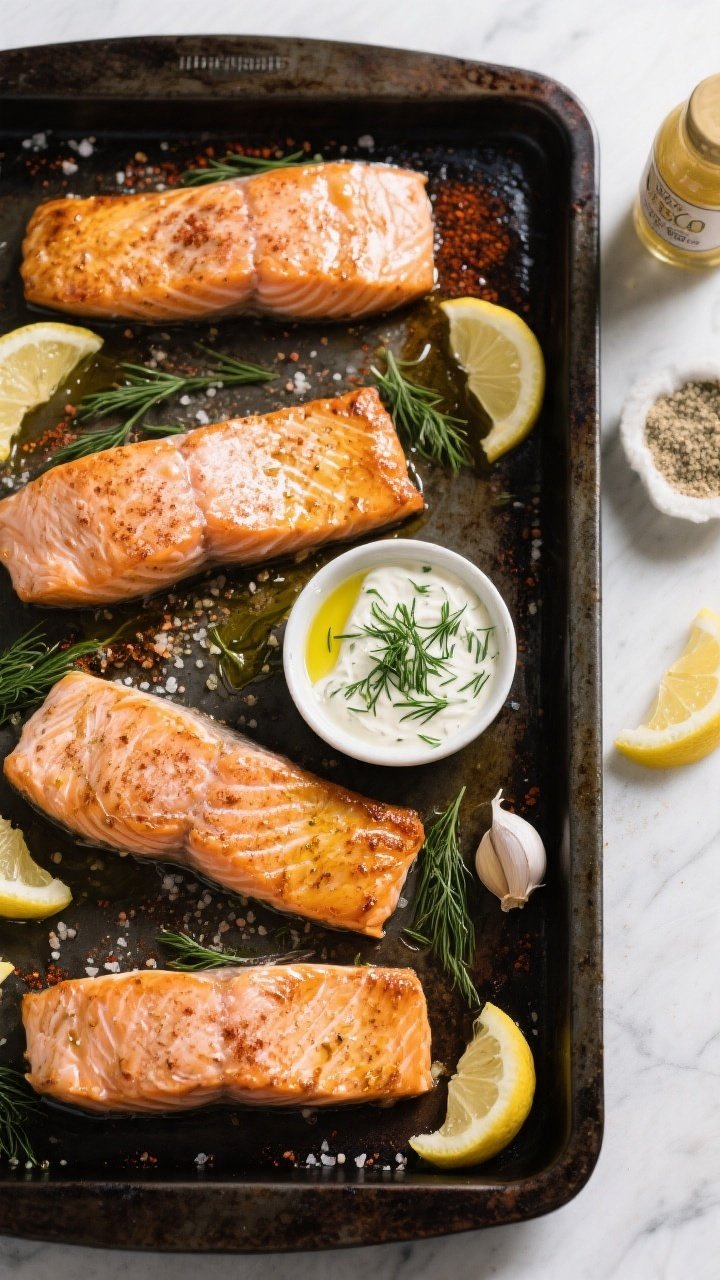 Tasty top view: Overhead shot of four salmon fillets arranged on a dark sheet pan, evenly roasted wi