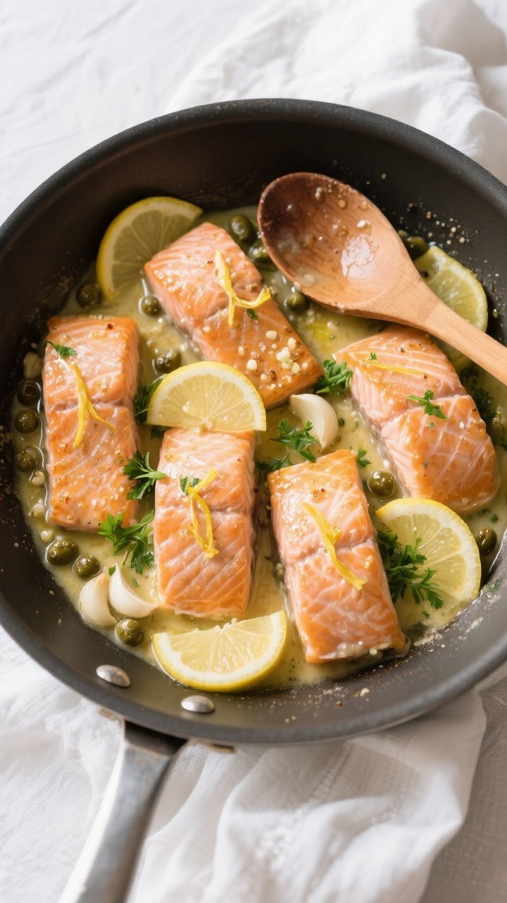 Tasty top view: Overhead shot of four salmon fillets nestled in a wide skillet, post-sauce stage—b