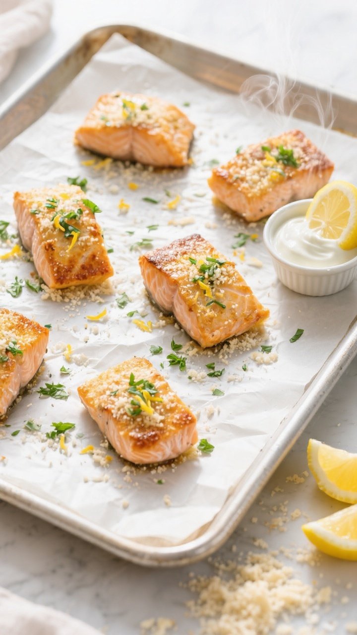 Tasty top view: Overhead shot of freshly baked garlic Parmesan salmon bites on a parchment-lined she