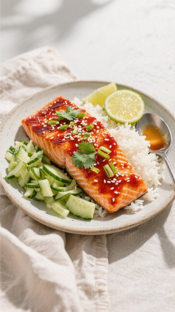 Tasty top view: Overhead shot of Garlic Chili Oil Salmon plated with steamed jasmine rice and a side