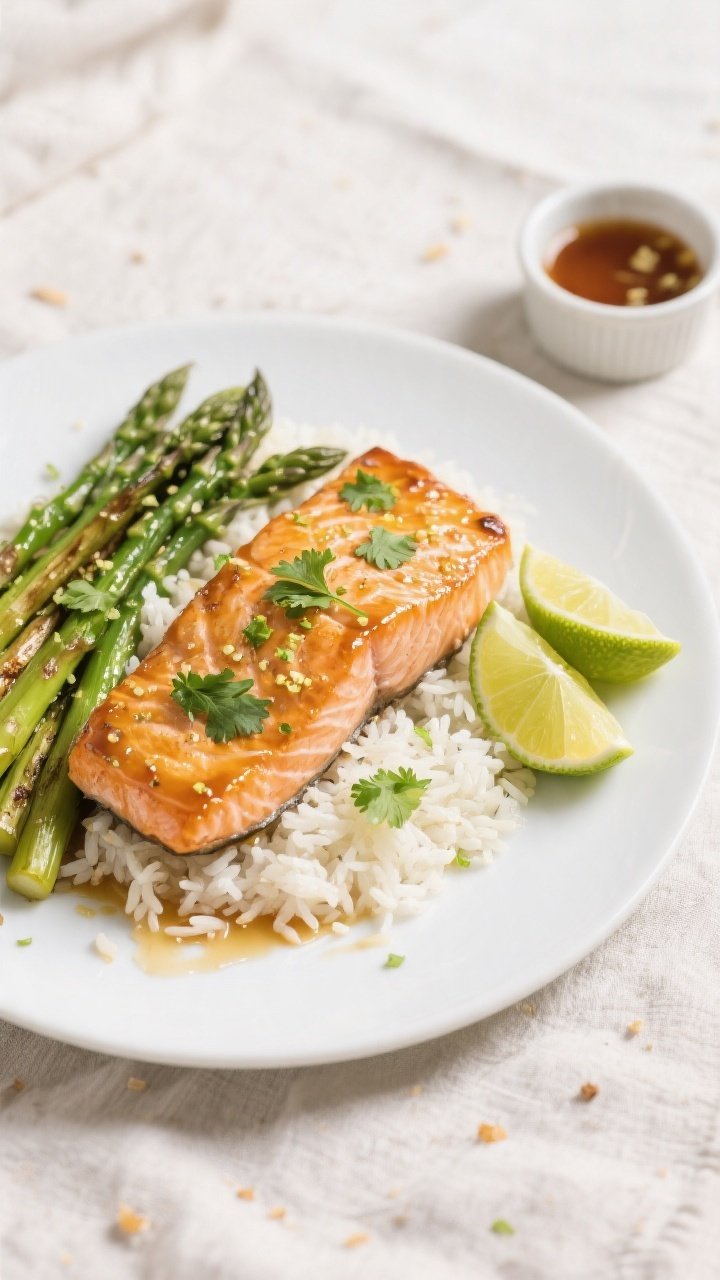 Tasty top view: Overhead shot of Honey Lime Salmon plated with coconut rice and roasted asparagus, f