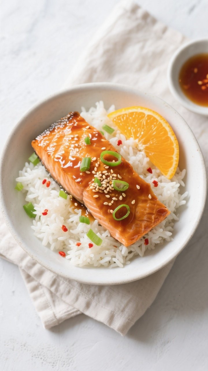 Tasty top view: Overhead shot of sticky orange glazed salmon served over fluffy jasmine rice in a ma
