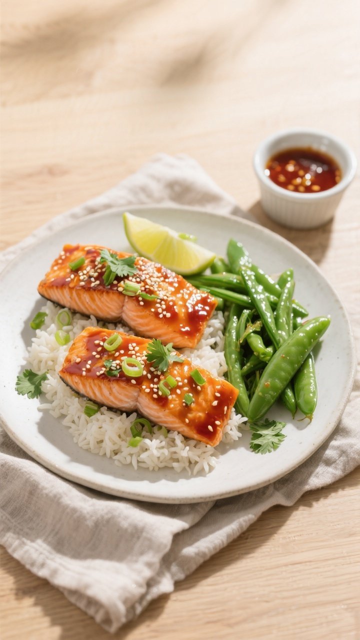 Tasty top view: Overhead shot of the final plated Sweet Chili Glazed Salmon dinner—two fillets on
