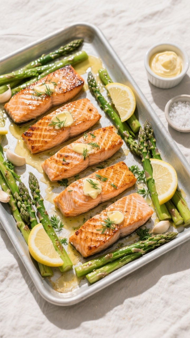 Tasty top view: Overhead shot of the full sheet-pan dinner—four roasted salmon fillets centered wi