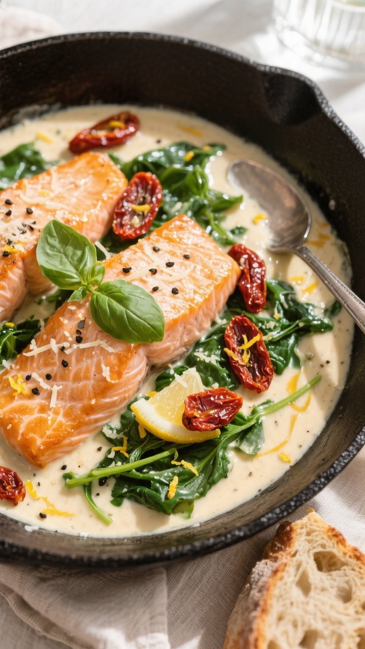 Tasty top view, overhead skillet scene: Overhead shot of creamy sun-dried tomato salmon finishing in