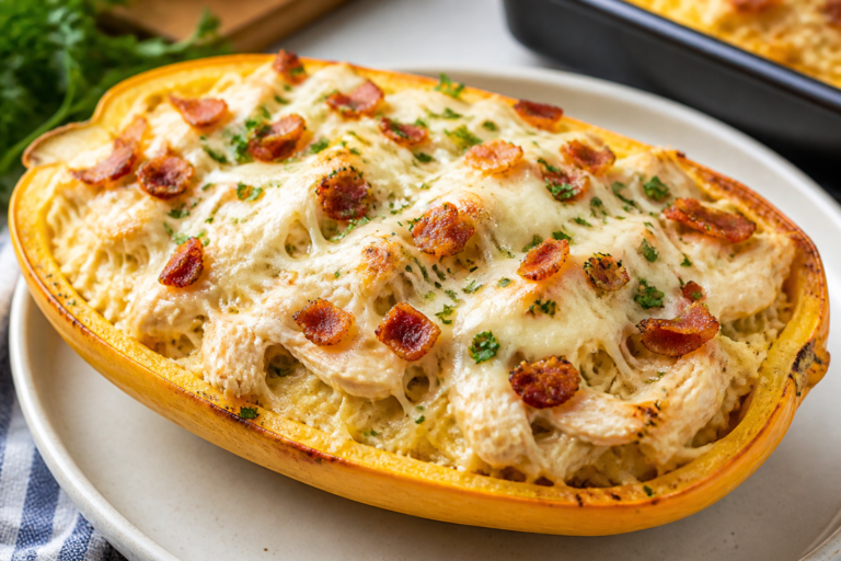 High Protein Chicken Bacon Alfredo Spaghetti Squash – Creamy, Satisfying, and Weeknight-Friendly