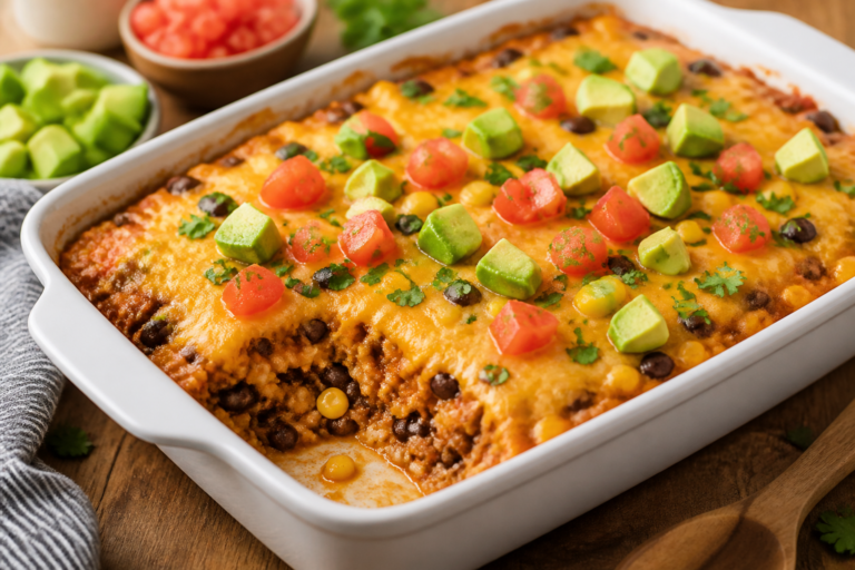 15-Minute Dump-and-Bake Taco Casserole – Fast, Flavorful, and Family-Friendly