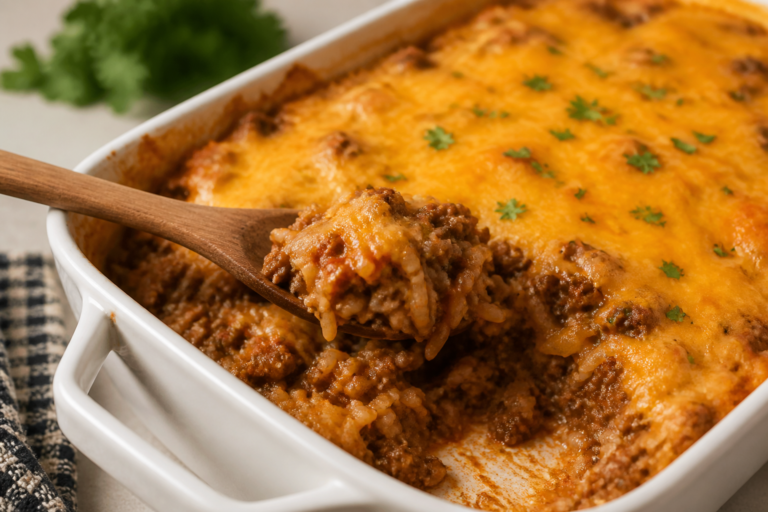 Cheesy Ground Beef & Rice Casserole – Cozy, Crowd-Pleasing Comfort