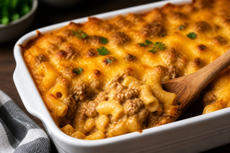 Lazy Mac & Cheese Beef Bake – A Cozy, Crowd-Pleasing Weeknight Dinner