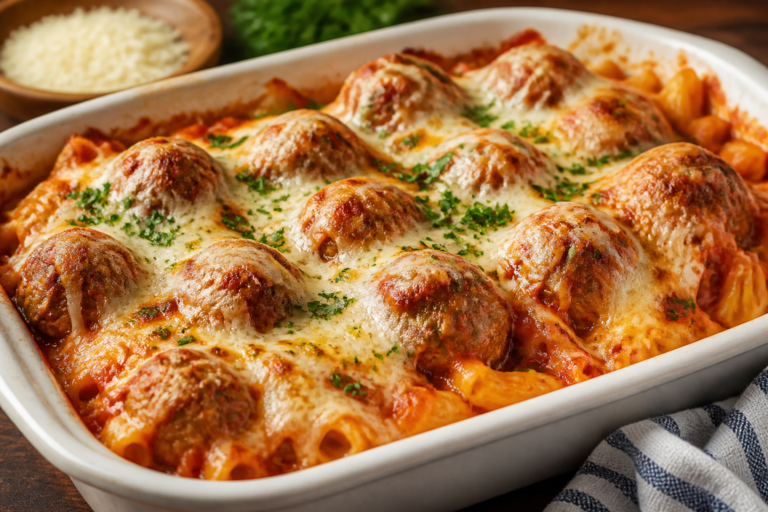 Dump-and-Bake Meatball Parmesan Casserole – A Cozy, No-Fuss Weeknight Dinner