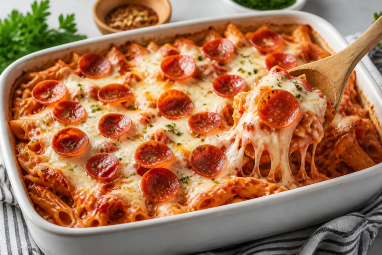 Easy Pepperoni Pizza Pasta Bake – Comforting, Cheesy, and Weeknight-Friendly