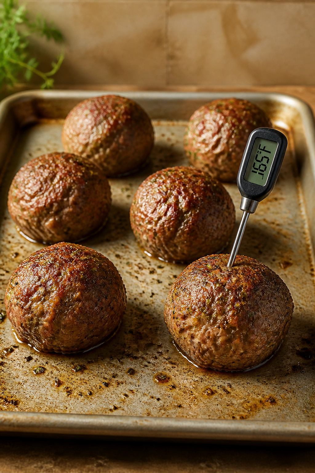 5-inch meatballs spaced evenly on a rimmed baking sheet, brushed with a sheen of olive oil, sprinkle
