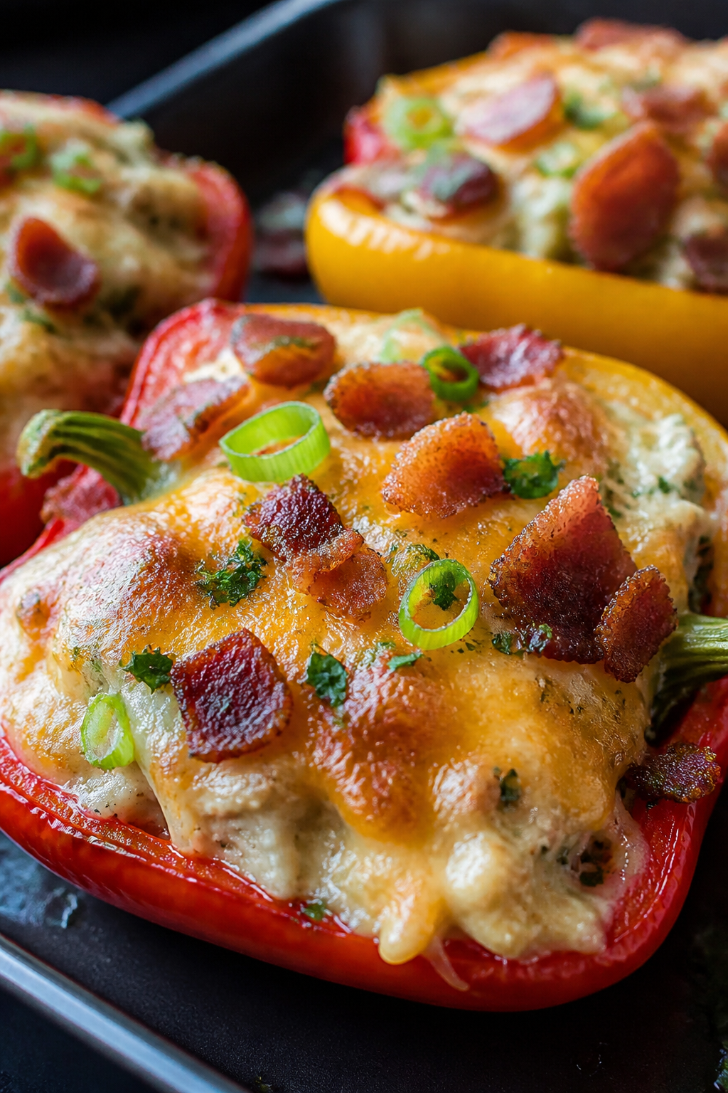 Close-up detail: A baked crack chicken stuffed pepper half just out of the oven, cheese melted and b
