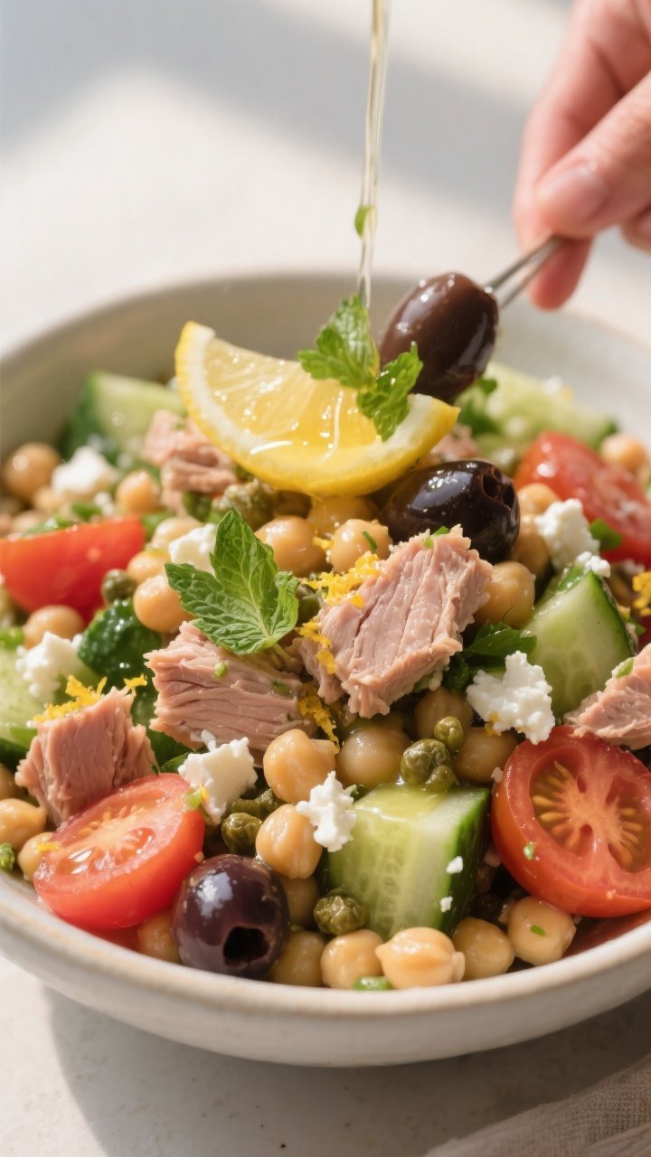 Close-up detail: A bowl of prepared Mediterranean Tuna Chickpea Salad being gently tossed with a glo