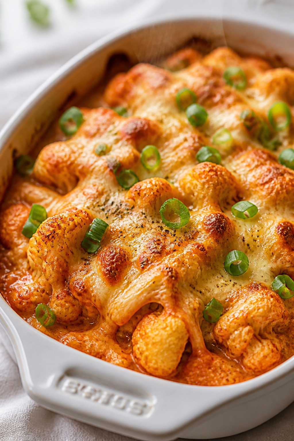 Close-up detail: A bubbling Buffalo Chicken Cauliflower Casserole just out of the oven, cheese melte