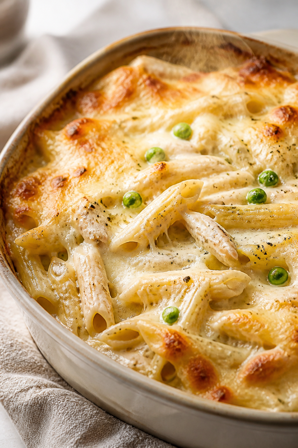 Close-up detail: A bubbling Chicken Alfredo bake just after the foil is removed, showing tender penn