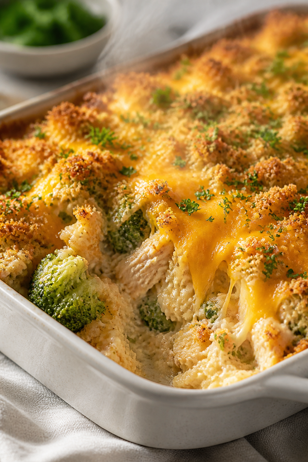 Close-up detail: A bubbling chicken broccoli rice casserole just uncovered from the oven, showing me
