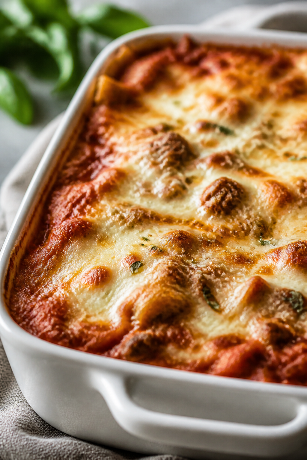 Close-up detail: A bubbling layer of the Lazy Lasagna Ravioli Bake just after the foil is removed, s
